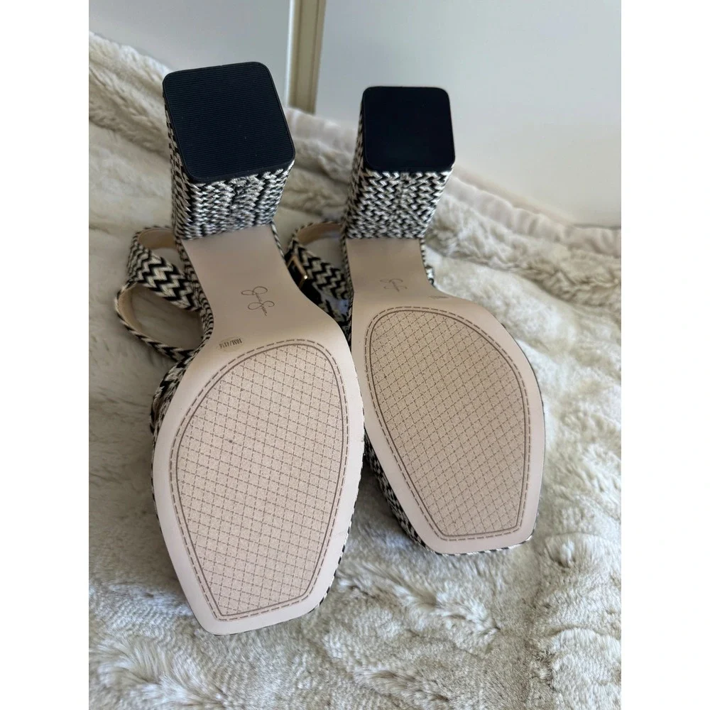 Jessica Simpson Woven Chevron Platform Sandals Black White Block Heel Square Toe